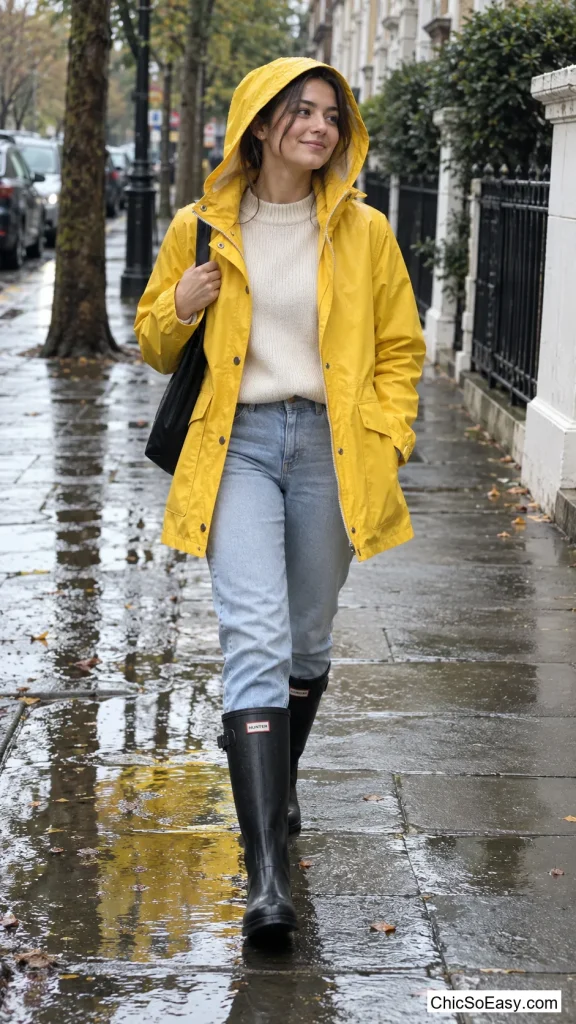 Yellow Raincoat With a Cream Sweater